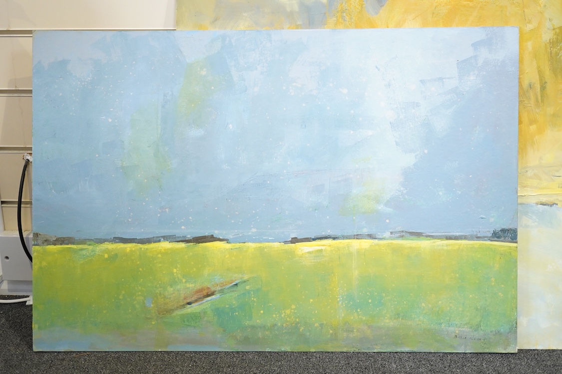 Billie Newey (contemporary), Abstract landscapes, two oils on board, unsigned, unframed, largest 61 x 75cm
